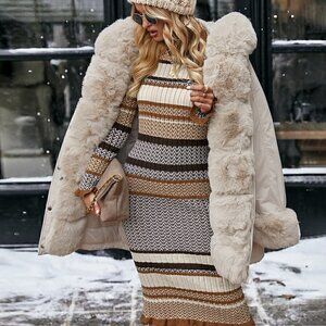 Multicolor Boho Womens Striped Pattern Sweater Bodycon Dress